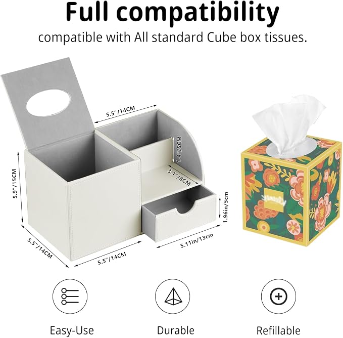 Square Tissue Box Cover with Storage Drawer,Facial Tissues Cube Box Holder | PU Leather Modern Remote Control Holder,Nightstand Organizer Caddy for Bathroom Vanity, Makeup,Office and Home Desktop Decor
