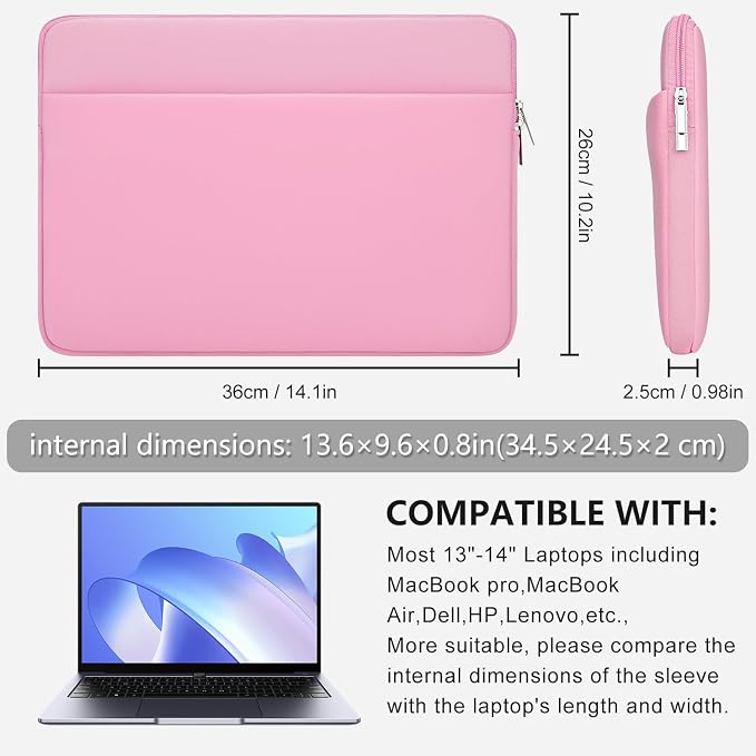 Laptop Sleeve Bag Compatible with 13 to 14 inches MacBook Air/Pro Chromebook Notebook with Zipper Accessory Pocket Padded Computer Pouch Cover Protective for 13” to 14” Laptop,Pink