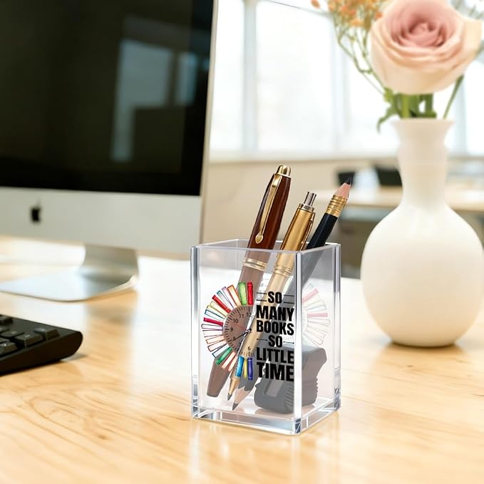 So Many Books So Little Time Acrylic Cosmetic Pencil Pen Holder Cup, Funny Bookworm Gifts for Reader Book Lover Student Librarian Book Club Member, Birthday Christmas Gifts for Student Teacher