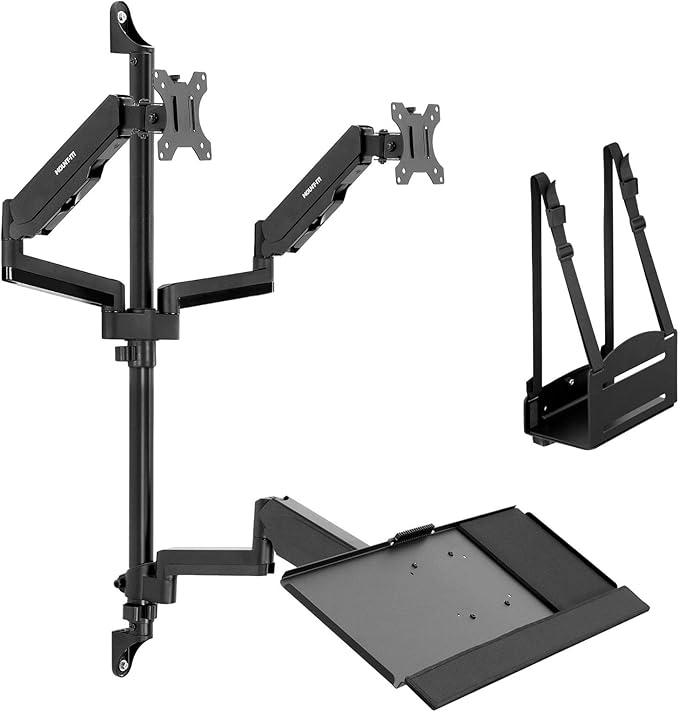 Mount-It! Dual Monitor Arm Wall Mount Workstation with Keyboard Tray & CPU Holder, Height Adjustable Gas Spring Full Motion Computer Station, Fits 17–32” VESA 75x75 100x100, Black