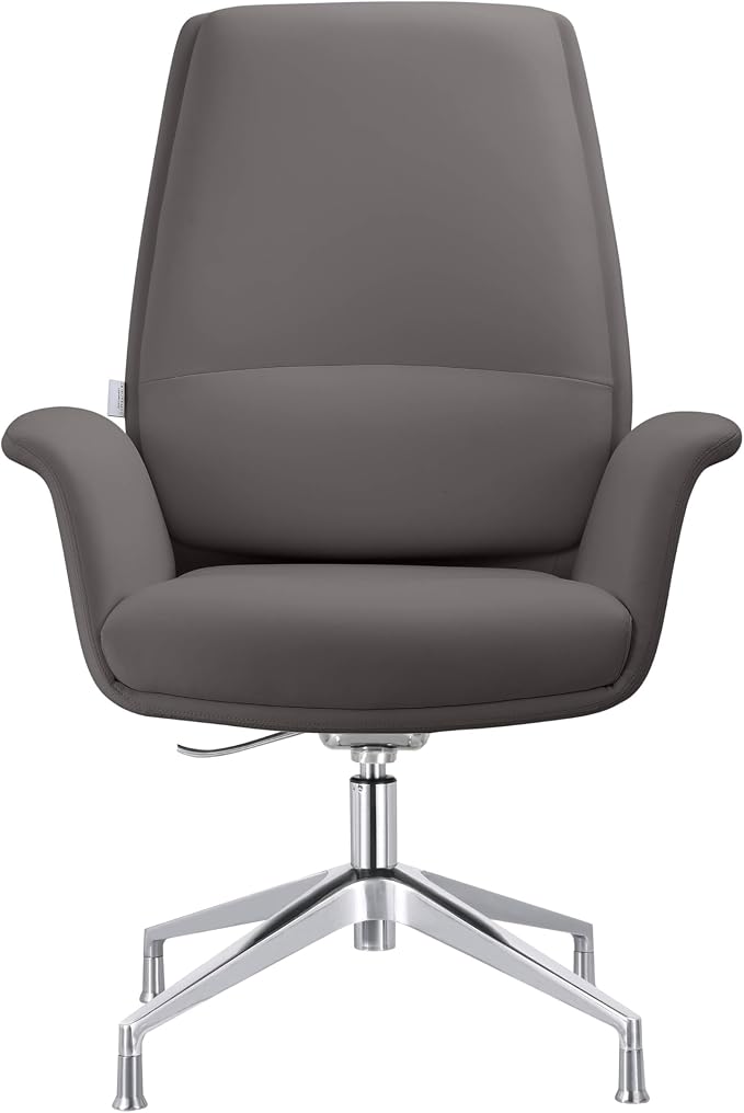 LeisureMod Mid-Century Modern Swivel Office Chair, Adjustable Height with Faux Leather Seat and Aluminum Frame, Grey