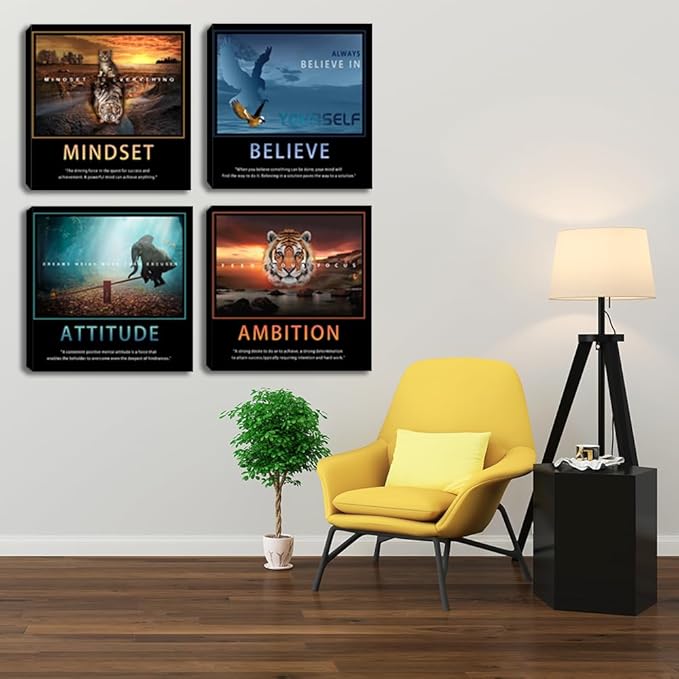 Motivational Posters Wall Art Inspirational Canvas Prints Inspiring Quotes Animals Painting Picture Office Motivational Wall Decor Framed 4 Pieces Living Room Bedroom Workplace Decoration 20"x20"x4