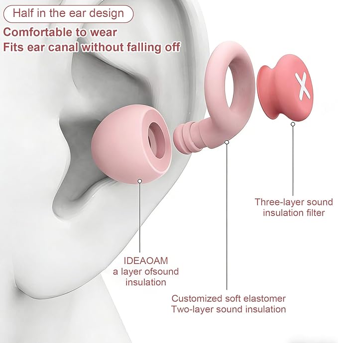 Upgrade Soft in-Ear Ear Plugs for Sleeping, Reusable Silicone Noise Reduction Earplugs with 3-Layer Sound Insulation, for Snoring, Travel, Study, Work, with Portable Storage Case, (Pink)
