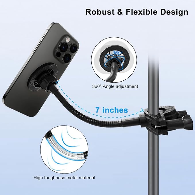 JCWINY for Magsafe Mic Stand Phone Holder, Flexible Phone Holder for Microphone Stands Super Magnets iPhone Mic Stand Holder Music Stands Phone Mount for iPhone 15 14 13 12 Pro Max Plus Max Mini