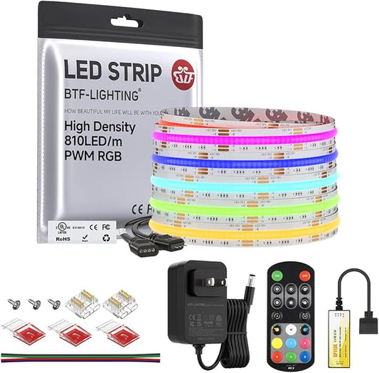 BTF-LIGHTING FCOB RGB COB LED Strip Lights Kit UL Listed 810LED/m 16.4FT 10mm Width Color Changing Flexible LED Tape for Bedroom Party Decor, with RF Remote and ETL 12VDC Power Supply