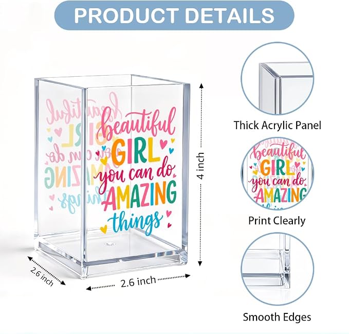 Beautiful Girl You Can Do Amazing Things Acrylic Cosmetic Pencil Pen Holder, Vanity Accessories Makeup Organizer for Daughter Sister, Encouragement Gifts for Makeup Lover, Make Up Brush Holder