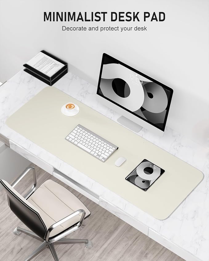 Desk Pad, 48" x 17" PU Leather Non-Slip Desk Mat Large Mouse Pad for Desktop, Waterproof Laptop Computer Writing Mat for Office, Home, Work, Gaming, Ivory White