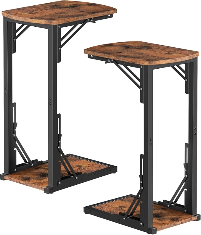 MAHANCRIS Set of 2 Folding C Shaped End Table, Adjustable Small Sofa Side Laptop Desk, Foldable Couch TV Tray Table for Small Spaces, Living Room, Bedroom, Rustic Brown ETHR4101S2