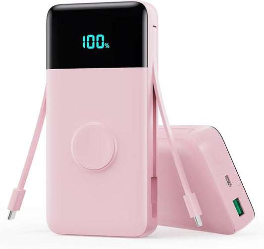 Portable Charger Power Bank 40800mAh with Built-in Cables,25W Fast Phone Charging Portable Battery Pack,5 Outputs Travel Essentials Outdoor External Battery for iPhone 17/16,Galaxy Android etc-Pink