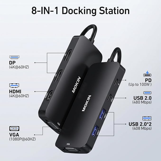 USB C Docking Station Dual DisplayPort, USB Hub with 2 DP, HDMI, VGA, USB C 2.0, A 2.0, PD Charging Port, Multi Monitor Adapter for Dell/HP Laptops, Black