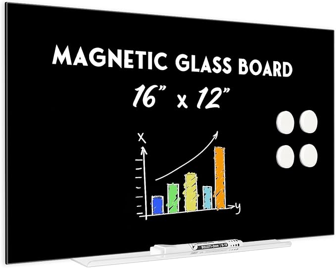 Magnetic Glass Whiteboard, 16" x 12", Frameless Wall Mount, Black | Glass Dry Erase Board for Wall, Includes 1 Marker Tray and 4 Magnets, White Board for Office, Home, Classroom