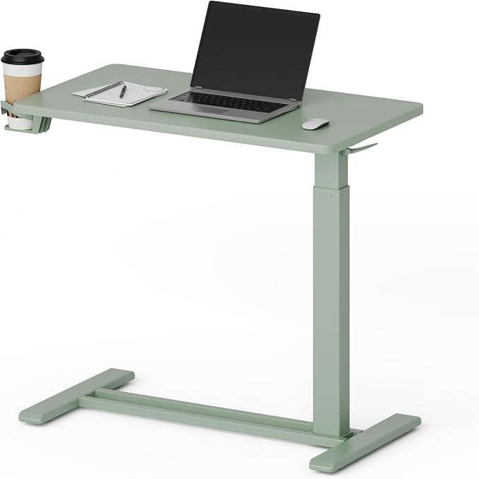 FLEXISPOT H7 Adjustable Overbed Bedside Table with Wheels Pneumatic Mobile Standing Laptop Desk Rolling Computer Cart Movable Overbed Table Hospital Home Use (27.6" W x 15.7" D,Mint Green)