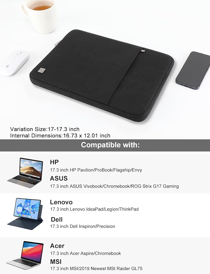 DOMISO 17 inch Laptop Sleeve Case Notebook Bag Protective Carrying Handbag for 17.3" Notebook/Dell Inspiron/MSI GS73VR Stealth Pro/IdeaPad 300 320 321/HP Envy/LG Gram 17"/ASUS ROG Strix GL702VS,Black