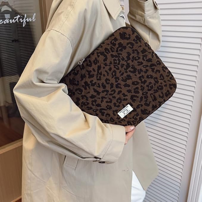 Cute Bow Puffy Laptop Sleeve 13-15 Inch Cute Quilted Laptop Protective Case Padded Bow Computer Sleeve for MacBook (Leopard Coffee, 13inch)