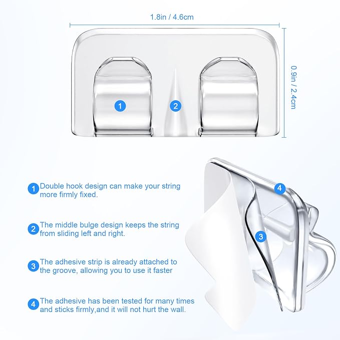 Hetyue Hooks for Outdoor String Lights Clips: 26Pcs Heavy Duty Light Hook with Waterproof Adhesive Strips - Outside Clear Cord Holders for Hanging Christmas Lighting - Outdoors Sticky Clip