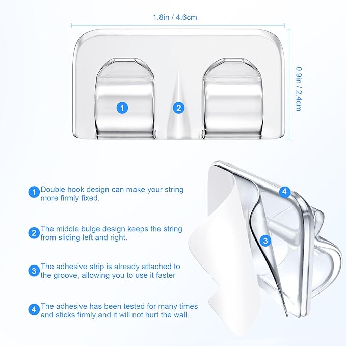 Hetyue Hooks for Outdoor String Lights Clips: 40Pcs Heavy Duty Light Hook with Waterproof Adhesive Strips - Outside Clear Cord Holders for Hanging Christmas Lighting - Outdoors Sticky Clip