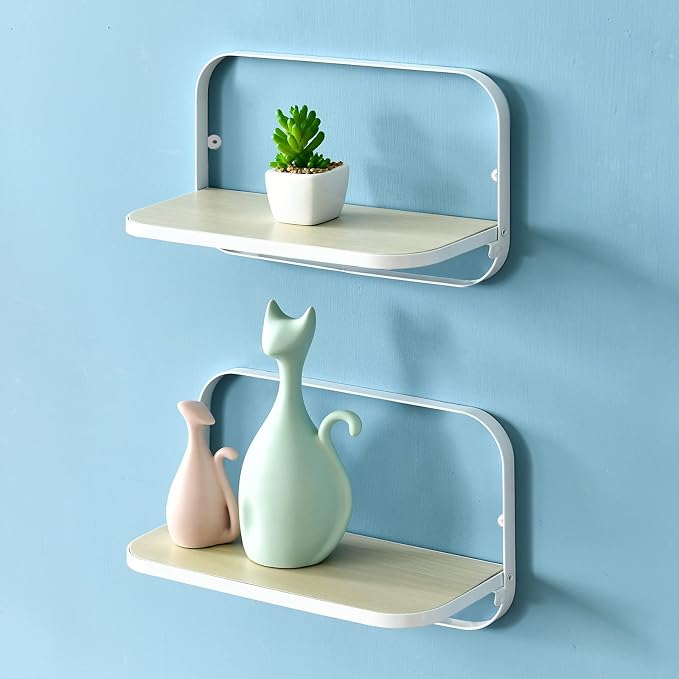 WELLAND Arlington Floating Shelves Set of 2 | Folding Display Wall Shelves | Walnut Grain Wooden Board & Metal Frame | 12" W x 5" D x 7" H | White (Upgraded)