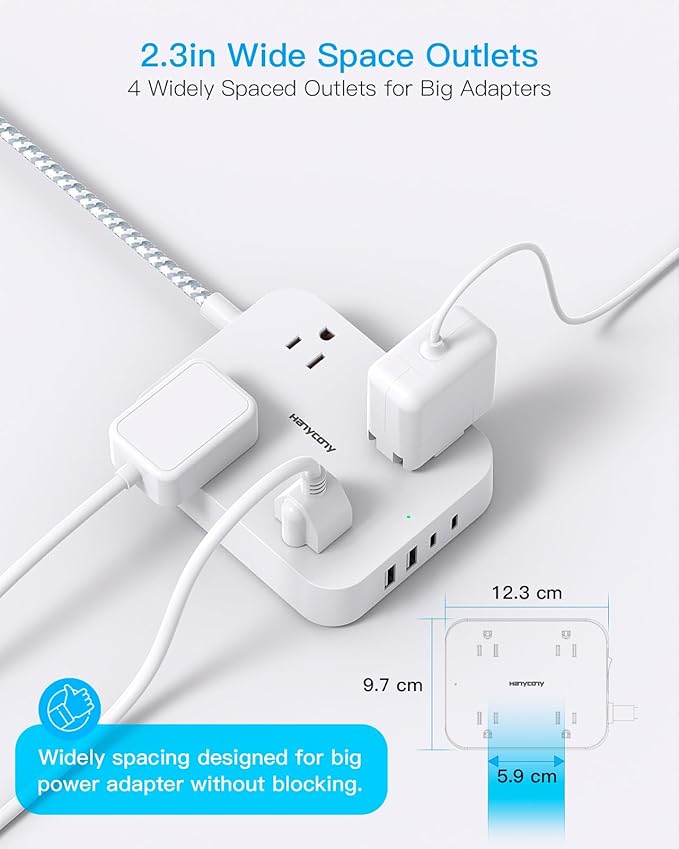 15 Ft Extension Cord, HANYCONY Ultra Thin Flat Plug Power Strip with 4 Outlets 4 USB Ports (2 USB C), Multi Plug Outlet Extender Desk Charging Station for Office Travel Dorm Room Essentials