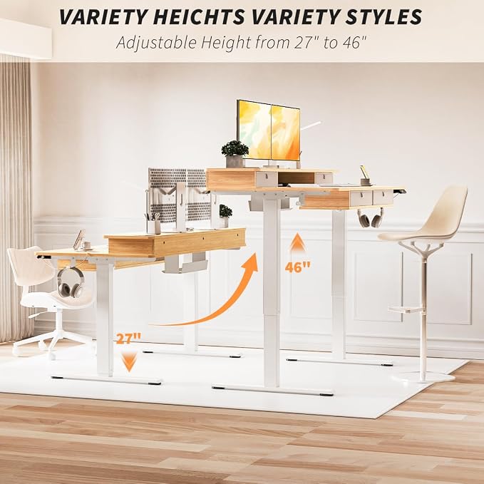 Kingant Electric Standing Desk with 4 Drawers,USB Charging Ports 55"x 30" | Ergonomic Height Adjustable Large Workstation, Heavy-Duty Sit Stand Up Desk For Home Office Daily Work,Nature