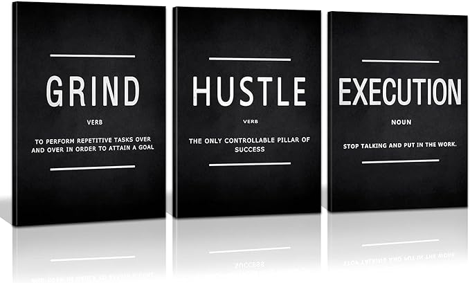 Large Office Painting, Grind Hustle Execution Motivational Poster Entrepreneur Quotes Workplace Canvas Wall Artwork Decoration 3 Panels for Office Home Framed