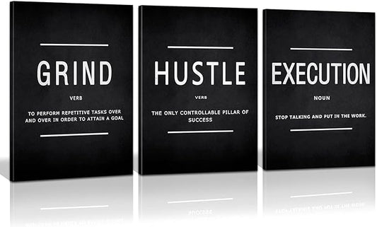 Large Office Painting, Grind Hustle Execution Motivational Poster Entrepreneur Quotes Workplace Canvas Wall Artwork Decoration 3 Panels for Office Home Framed