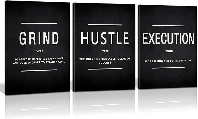 KAWAHONE Grind Hustle Execution Quotes Framed Wall Art, Inspirational Painting Prints Poster Wall Decor Motivation Canvas Entrepreneur Wall Picture for Home Office Business Workplace Ready to Hang