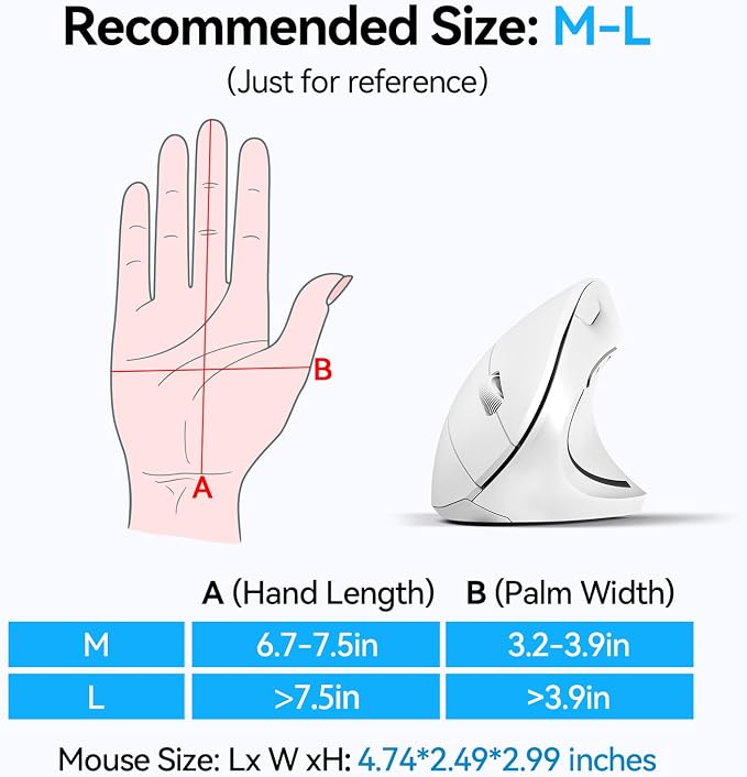 TECKNET Ergonomic Mouse, Wireless Bluetooth Vertical Mouse, 4800 DPI Optical Tracking, 6 Adjustable DPI, Quiet Clicks, 2.4GHz with USB A Receiver, 12 Months Battery, 6 Buttons, Wide Compatibility