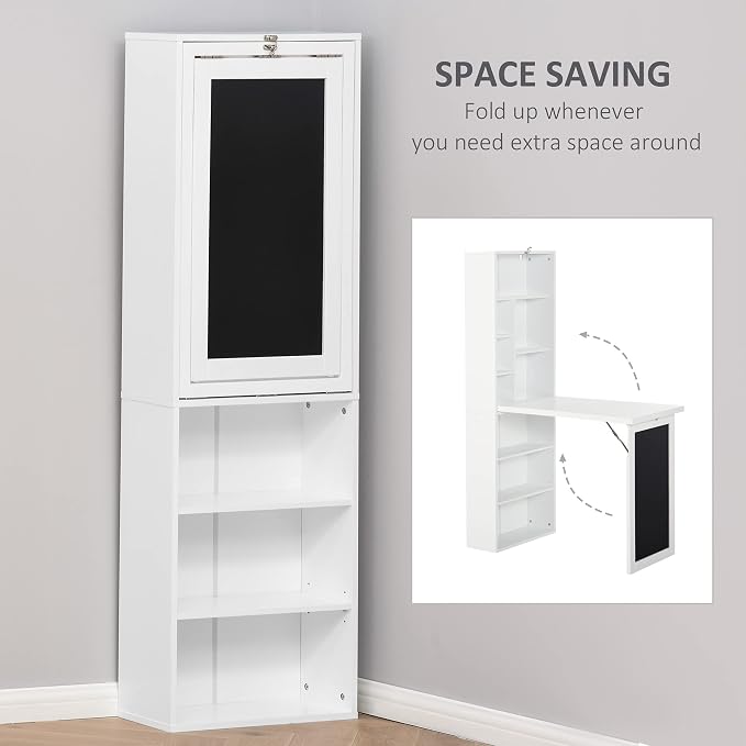 Folding Wall Mounted Desk with Storage, Expandable Hidden Computer Desk, Foldable Space-Saving Pull Out Murphy Table, Writing Table with Blackboard for Home Office Bedroom Small Spaces (White.)