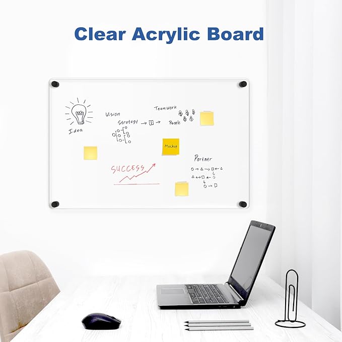Large Clear Acrylic Dry Erase Board, 24" X 16" Black Non-Magnetic Frameless Clear White Board for Wall, Erasable Acrylic Board for Wall, Home, Office, School, 2 Markers
