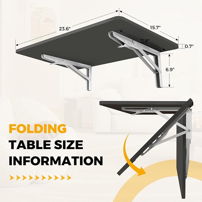 Black Wall Mounted Folding Table 23.6"x15.7" Fold Down Wall Desk for Small Spaces, Wooden Floating Table for Laundry Room, Kitchen or Home Office, Heavy Duty Brackets