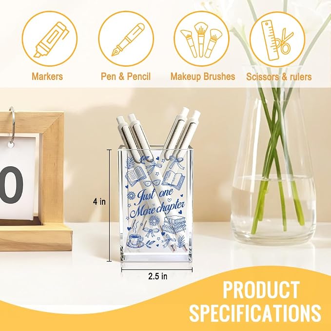 Just One More Chapter Acrylic Cosmetic Pencil Pen Holder Cup, Funny Bookish Pen Holder Cup Gifts for Women Bookworm Book Lover Librarian Teacher, Graduation Christmas Gifts for Daughter
