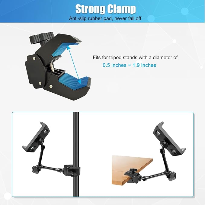 JCWINY Tablet Holder for Mic Stand, Adjustable iPad Mic Stand Mount, Tablet Holder with Clamp Mount for Pole Desk Kitchen Cabinet, Compatible with 4.7 to 12.9" iPad, iPhone, Android Smartphones