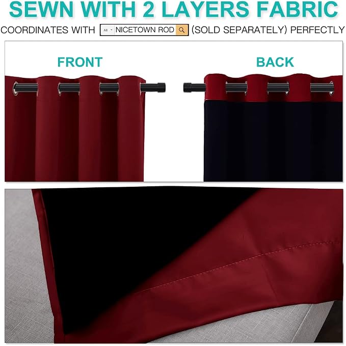 NICETOWN Living Room Completely Shaded Draperies, Privacy Protection & Noise Reducing Ring Top Drapes, Black Lined Insulated Decorative Curtain Panels(Burgundy Red, 2 Pieces, W52 x L72)