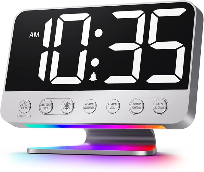 Odokee Digital Alarm Clocks for Bedrooms: Easy to Read Across The Room | Large Bold Number 5 Brightness Dimmer - 8 Night Light 5 Sound - Loud Alarm for Heavy Sleepers with Adjustable Volume - Silver