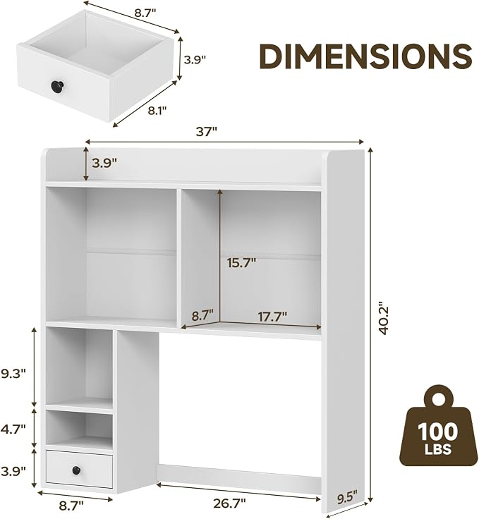 knoworld Desktop Bookshelf for 27" Monitor, Space-Saving Engineered Wood Desk Hutch Organizer with Adjustable Shelves & Drawer, Clutter-Free Tabletop Bookcase for Dorm & Home Office, White