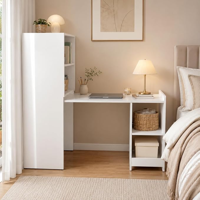 Folding Out Desk with Storage Shelves, Expandable Hidden Computer Desk, Foldable Space-Saving Pull Out Murphy Table, Writing Table with Mobile Wheels for Home Office Bedroom Small Spaces (White)
