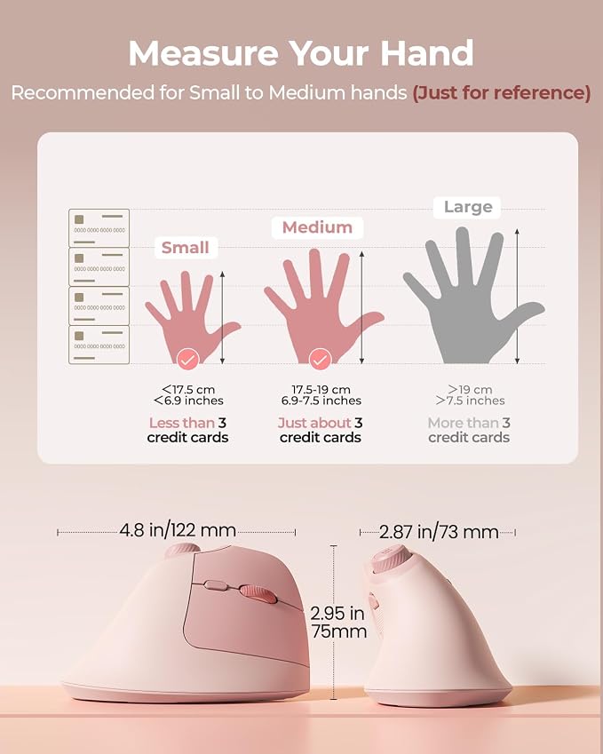 seenda Ergonomic Mouse Wireless, MOU-302 Bluetooth Vertical Mouse Rechargeable, Volume Knob, Silent Mice & 1000/1600/2400 DPI, 3 Multi-Device Connection for Windows/PC/Laptop/Mac/MacBook, Pink