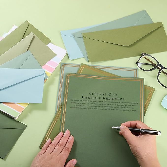 50 Pack Colored Stationery Set, 5 Colors #10 Business Envelopes, 50 Sheets 8.5x11 Paper Sheet and Gold Stickers for Office, Letters, Invitations (Sage-Green)