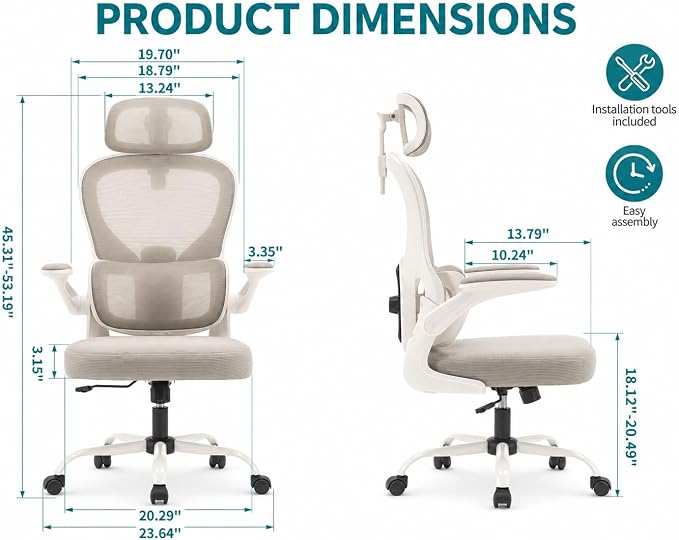 Ergonomic Office Chair with Adjustable Headrest & Lumbar Support, High Back Mesh Desk Chair, 330 LBS Capacity Swivel Computer Chair with Flip-Up Arms, Home Office Gaming Chair(Grey)
