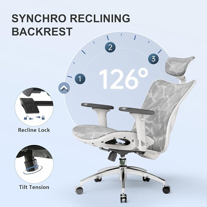 SIHOO M57 Ergonomic Mesh Office Chair, High Back Home Desk Chair with 3D Armrests, Lumbar Support and Adjustable Headrest, Comfortable Computer Chair, Big & Tall Office Chair Hold 330 LBS-Light Grey
