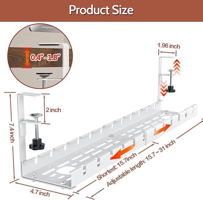 Shikha Cable Management Under Desk, 15.7"-31" Retractable Cable Management Tray, No Drilling Cord Organizer with Clamp for Desk, Under Table Wire Management Tray for Home Office -White