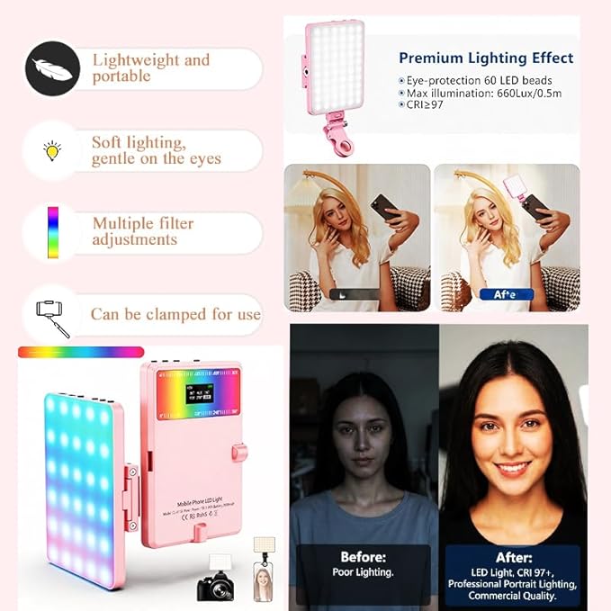 Selfie Light for iPhone-Camera Light for Content Creator -Portable Light-Clip on Light with 3 Mode&10 Brightness Levels, Ring Light for Phone for TikTok-Makeup-Video Recording-Vlog-Laptop-Pink