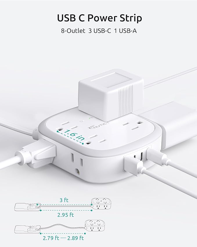 Outlet Cover Extension Cord Short 3ft, NUTICT Flat Plug Power Strip with 8 Outlets & 3 USB-C & 1 USB-A Port, 13A/1625W, 1440J Surge Protector, Indoor 3 Prong Flat Wall Plug for Tight Spaces, White