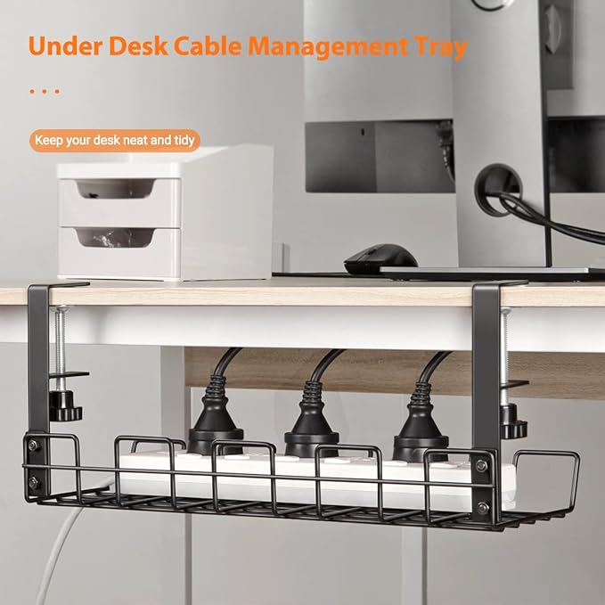 Under Desk Cable Management Tray L 14.9'' W 5.9'' | Under Desk Cable Organizer Rack, No Drill Wire Cord Tray for Home Office Workstation, PC, Computer, Desktop & Laptop