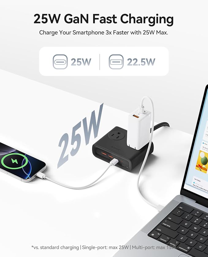 ORICO Power Brick, 25W GaN Power Strip, 8 in 1 Extension Cord with 4 AC Outlets and 2 USB-A and 2 USB-C Ports, 5ft Flat Plug Black Outlet Extender for Home/Dorm/Travel ETL Listed-PDC (1 PC)