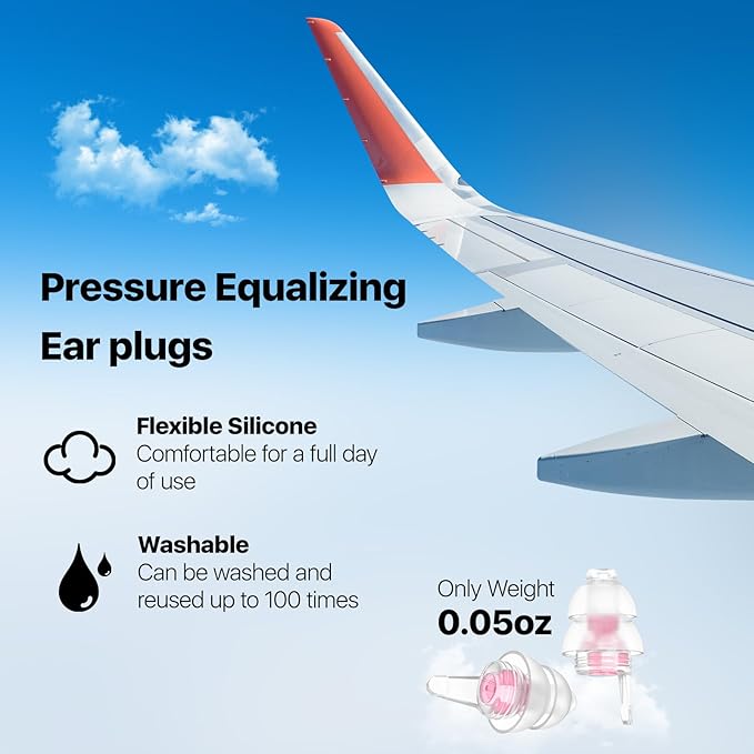 Ear Plugs for Airplane Pressure Relief & Prevent Ear Pain - Flying Travel Essentials - Comfortable Reusable Plane Earplugs for Adult/Kids 12+ with Small Ear-canals, 25dB Noise Reduction, PK