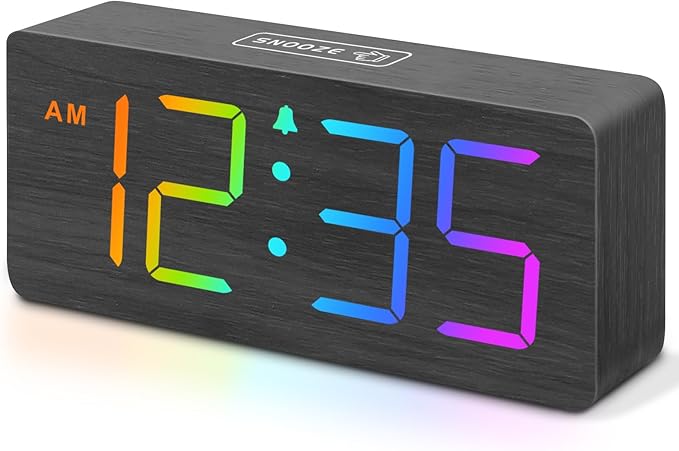 DreamSky Wooden Digital Alarm Clock for Bedroom, Living Room Desk | RGB Loud Alarm Clock for Heavy Sleepers with Volume Control, Large Numbers with Dimmer, Office Wood Decor (Plug in Clock)