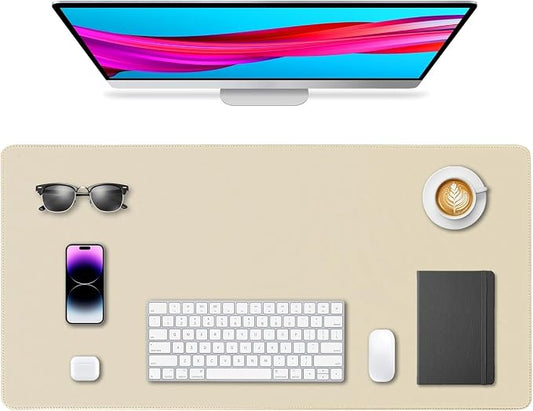 Leather Desk Pad Protector, Office Desk Mat, Large Mouse Pad, Non-Slip PU Leather Desk Blotter, Waterproof Computer Desk Writing Pad for Office and Home (Beige, 31.5" x 15.7")