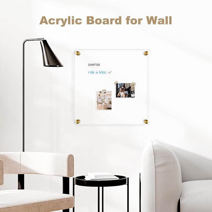 Clear Acrylic Dry Erase Board, 12" X 12" Golden Non-Magnetic Frameless Clear White Board for Wall, Erasable Acrylic Board for Wall, Home, Office, School, 2 Markers