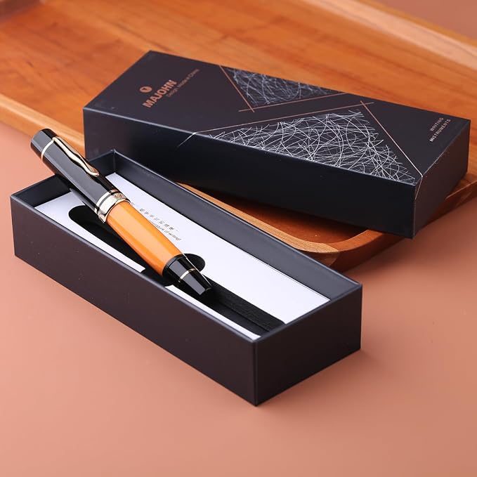 erofa Majohn P139 NO.8 Fine Nib Piston Fountain Pen with Box, Brass Piston System Large Capacity Writing Pen, Black Yellow